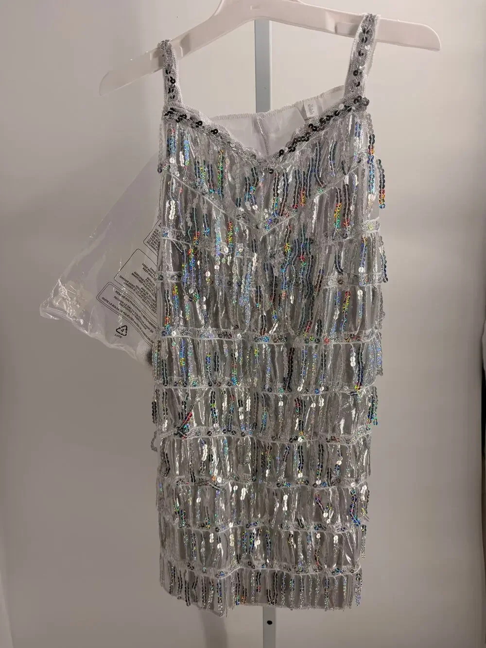 Girls Silver Sequin Fringe Flapper Dress Costume Large Disco 1920s NIP